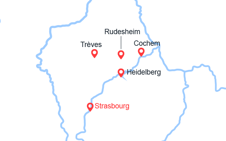 Carte itinéraire croisière 4 fleuves : les vallées, de la Moselle, de la Sarre, du Rhin romantique et du Neckar (RSB)