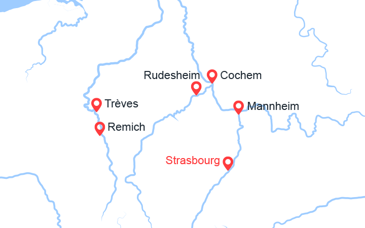 Carte itinéraire croisière 4 Fleuves : Les Vallées du Neckar, du Rhin Romantique, de la Moselle et de la Sarre (SBR_PP)
