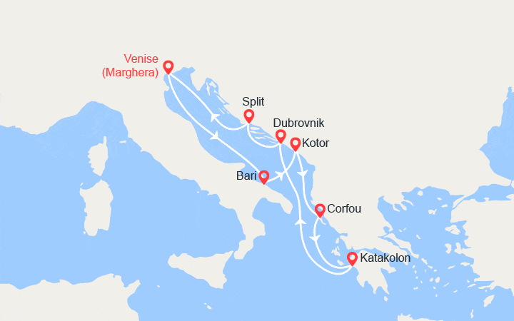 Carte itinéraire croisière Adriatique et Grèce : Kotor, Corfou, Katakolon