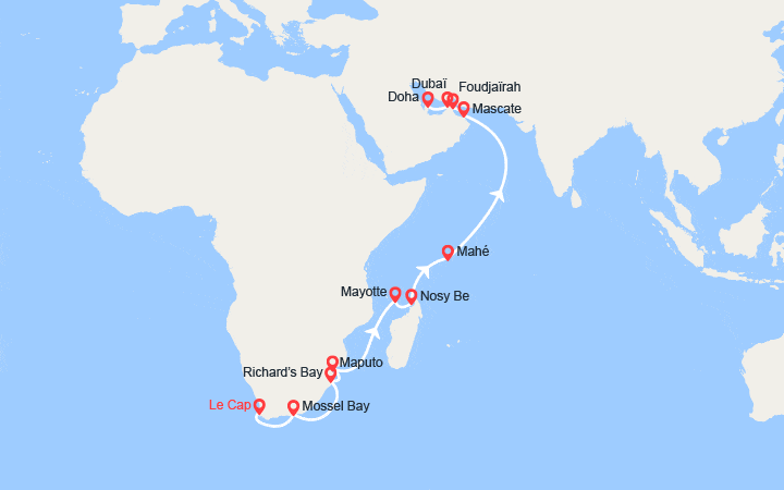 Carte itinéraire croisière Afrique, Mozambique, Mayotte, Madagascar, Seychelles, Oman, Emirats, Qatar