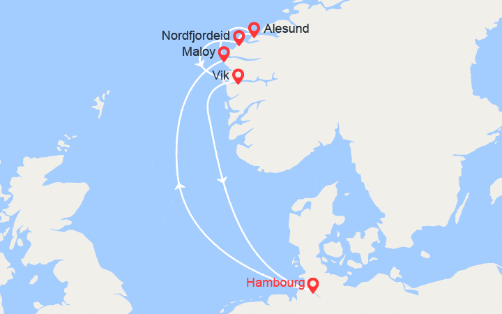 Carte itinéraire croisière Allemagne, Norvège