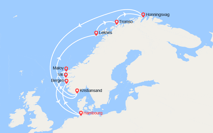 Carte itinéraire croisière Allemagne, Norvège