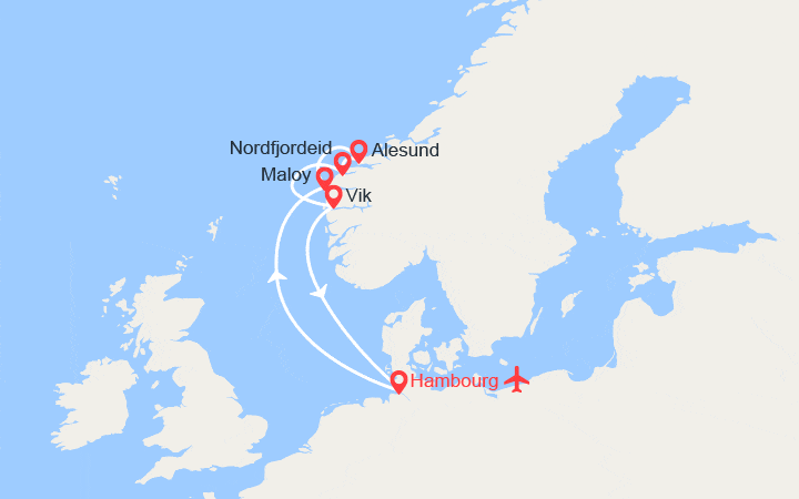 Carte itinéraire croisière Allemagne, Norvège II Vols inclus