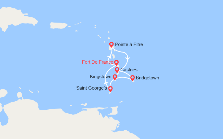 Carte itinéraire croisière Antilles, Barbade, St Vincent, Grenade