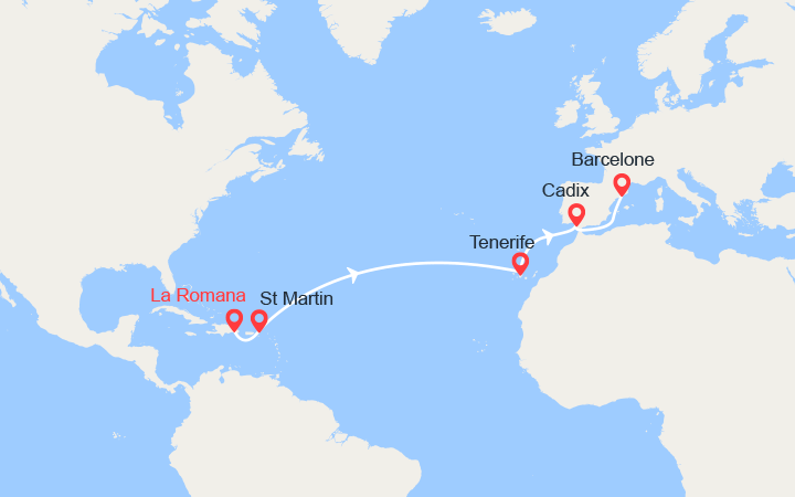 Carte itinéraire croisière Antilles, Canaries, Espagne
