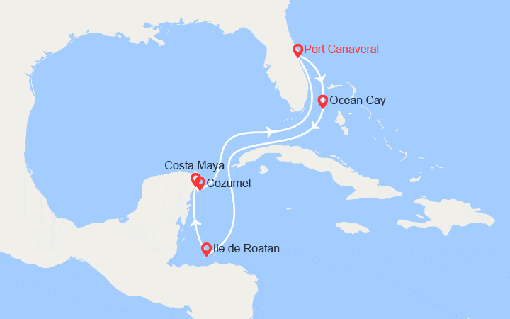Carte itinéraire croisière Bahamas, Honduras, Mexique
