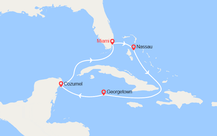 Carte itinéraire croisière Bahamas, Iles Caïman, Mexique