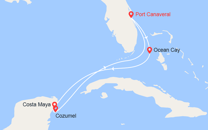 Carte itinéraire croisière Bahamas, Mexique