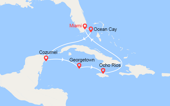 Carte itinéraire croisière Bahamas, Mexique, Caïmans, Jamaïque
