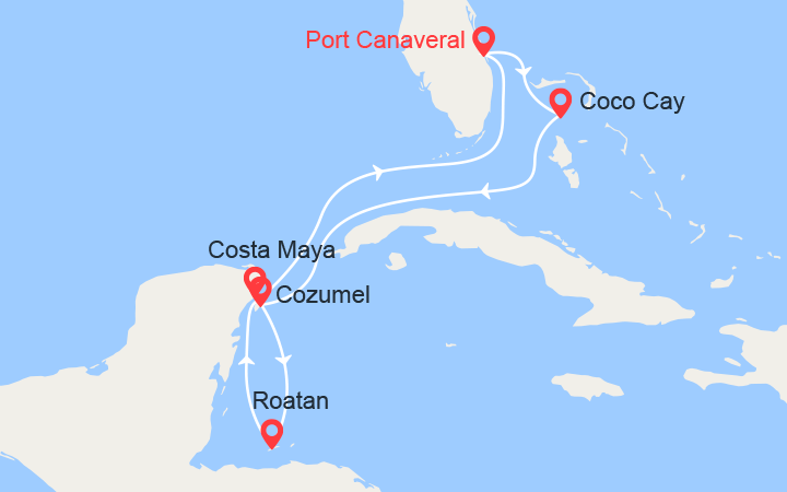 Carte itinéraire croisière Bahamas, Mexique, Honduras