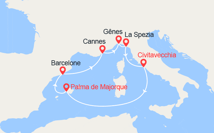 Carte itinéraire croisière Baléares, Espagne, Provence, Italie