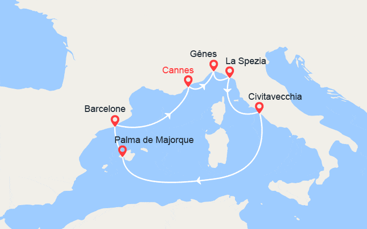 Carte itinéraire croisière Cannes, Gênes, La Spezia, Civitavecchia, Palma de Mallorca