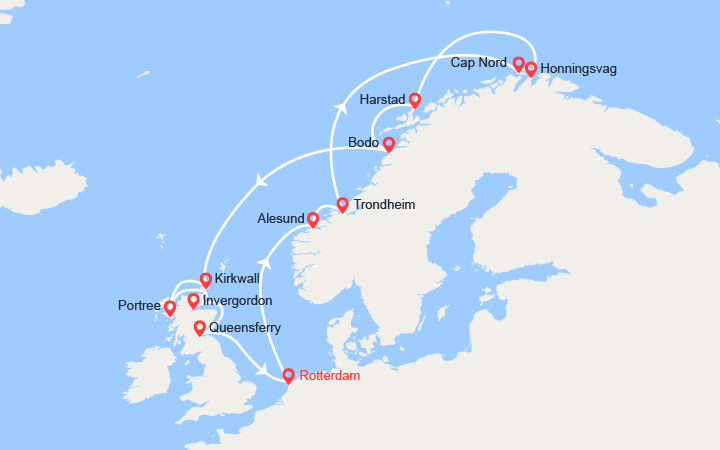 Carte itinéraire croisière Cap Nord & Soleil de Minuit: Trondheim, Bodo, Kirkwall, Isle of Skye...