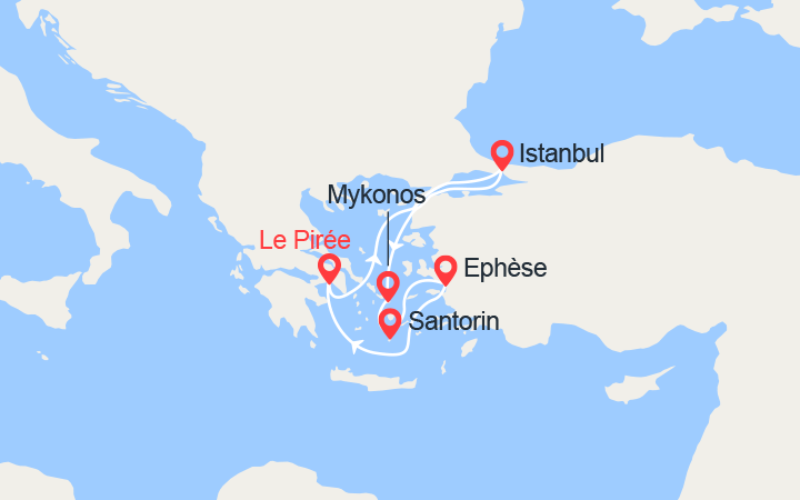 Carte itinéraire croisière Cap vers les Cyclades, Istanbul et Ephèse