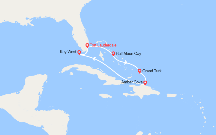 Carte itinéraire croisière Caraïbes Tropicales : Bahamas, Grand Turk, Rép. Dominicaine