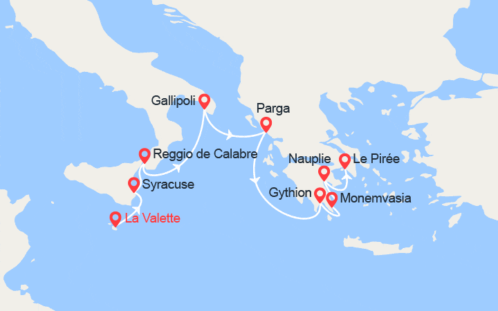 Carte itinéraire croisière Cités antiques de Méditerranée