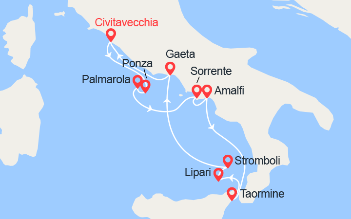 Carte itinéraire croisière Côte Amalfitaine, îles Eoliennes et Sicile