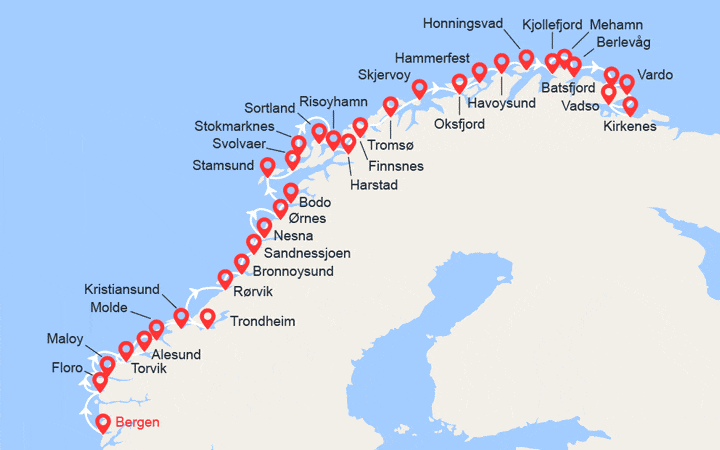 Carte itinéraire croisière Côte Norvégienne: de Bergen à Kirkenes