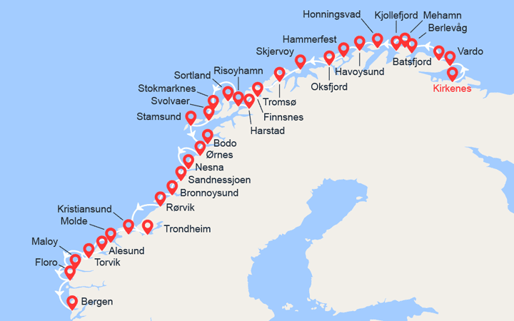 Carte itinéraire croisière Côte Norvégienne du Nord au Sud: de Kirkenes à Bergen