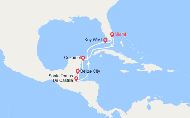 Carte itinéraire croisière Cozumel, Belize, St Thomas, États-Unis