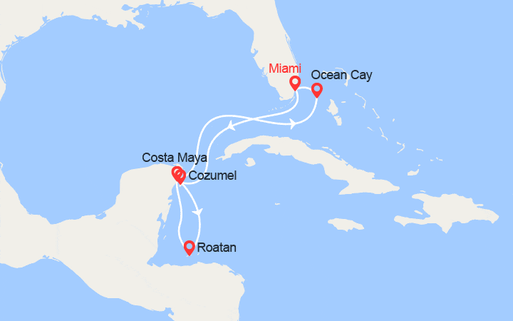 Carte itinéraire croisière Cozumel, Ile de Roatan, Costa Maya & MSC Ocean Cay