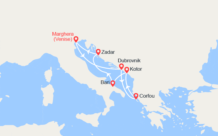 Carte itinéraire croisière Croatie, Corfou, Monténégro, Italie