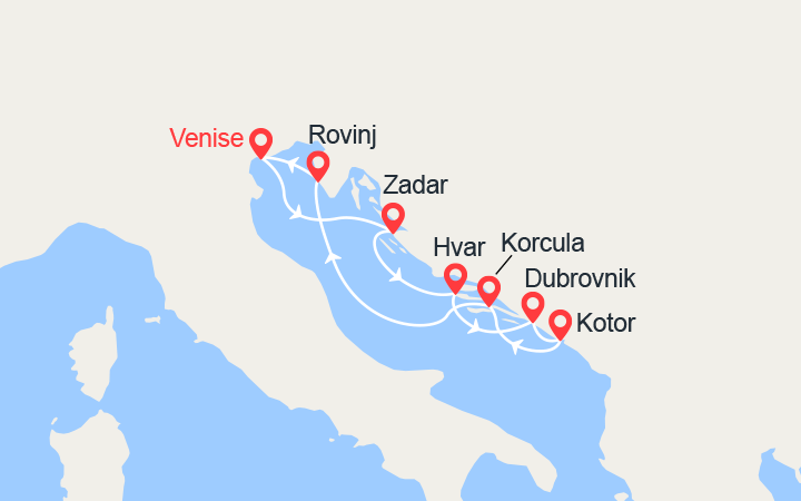 Carte itinéraire croisière Croatie et Monténégro