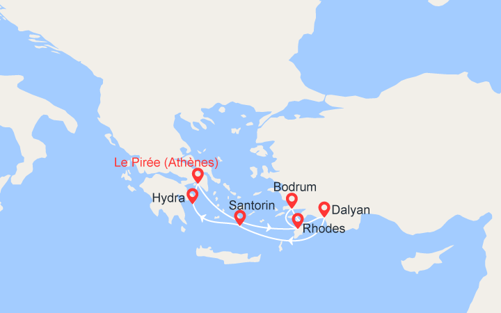 Carte itinéraire croisière Cyclades du Sud : Iles grecques et Turquie
