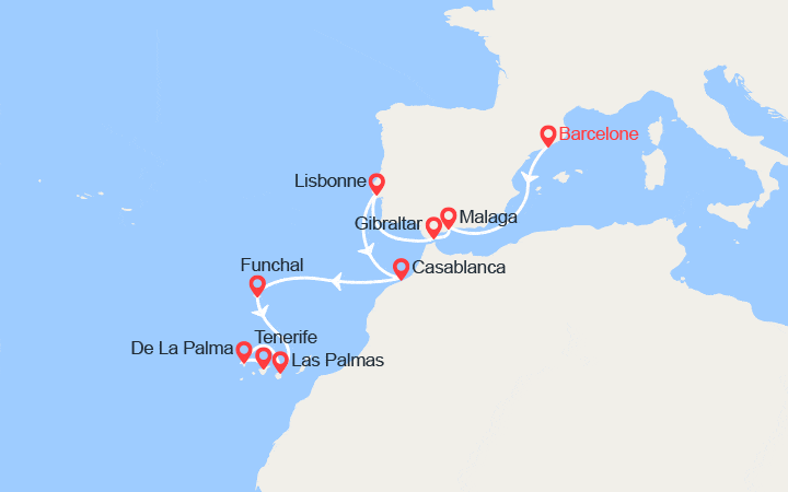 Carte itinéraire croisière De Barcelone à Tenerife : Espagne, Portugal, Maroc, Madère, Canaries