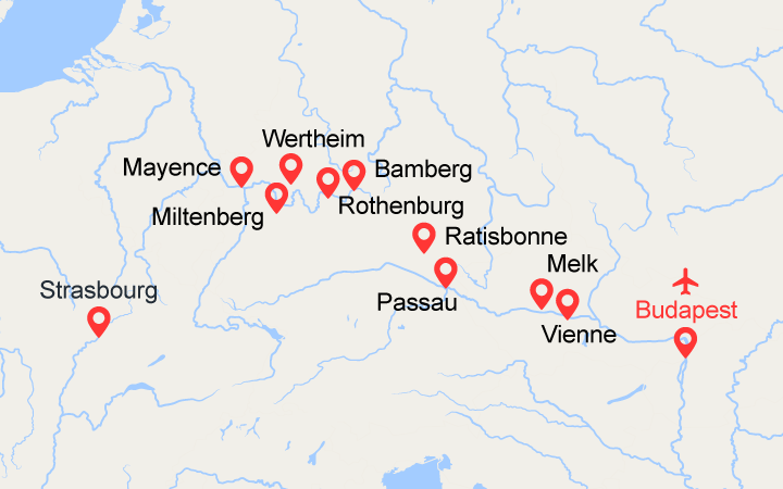 Carte itinéraire croisière De Budapest à Strasbourg, une croisière transeuropéenne (BUS)