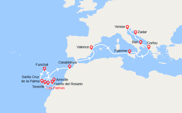 Carte itinéraire croisière De Gran Canaria à Venise : Canaries, Maroc, Sicile, Corfou, Croatie...