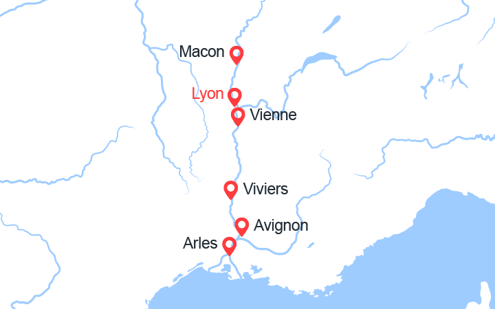 Carte itinéraire croisière De la Bourgogne à la Camargue : sur la Saône et le Rhône (LSR_PP)