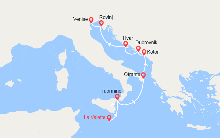 Carte itinéraire croisière De Malte aux rives de l'Adriatique