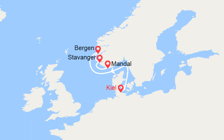 Carte itinéraire croisière Découverte du sud de la Norvège