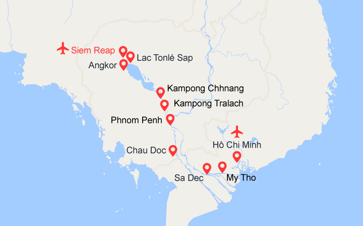 Carte itinéraire croisière Des temples d'Angkor au delta du Mékong (1R3)