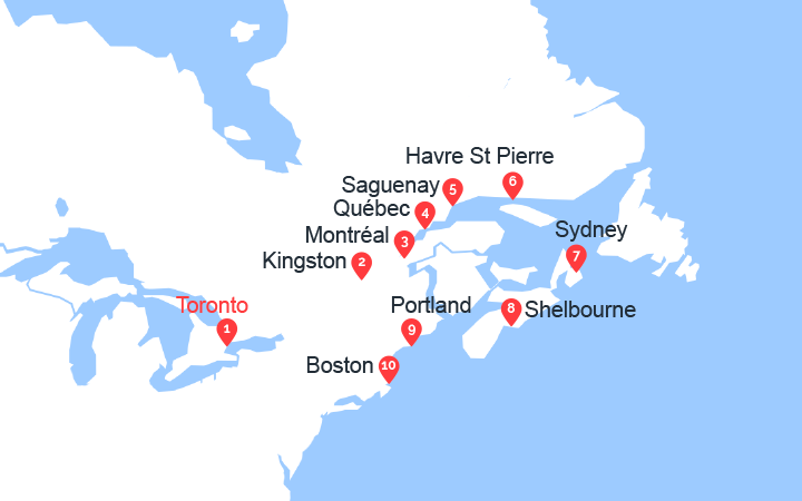 Carte itinéraire croisière Du Canada à la côte est américaine