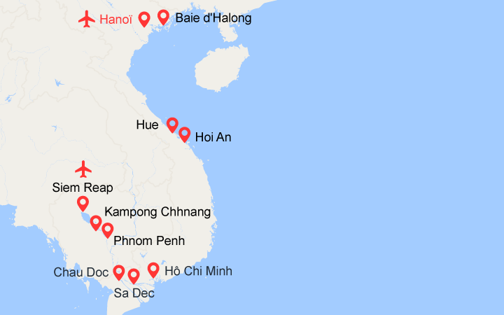 Carte itinéraire croisière Du delta du Mékong aux temples d'Angkor, les villes impériales, Hanoï et la Baie d'Along (1H9)