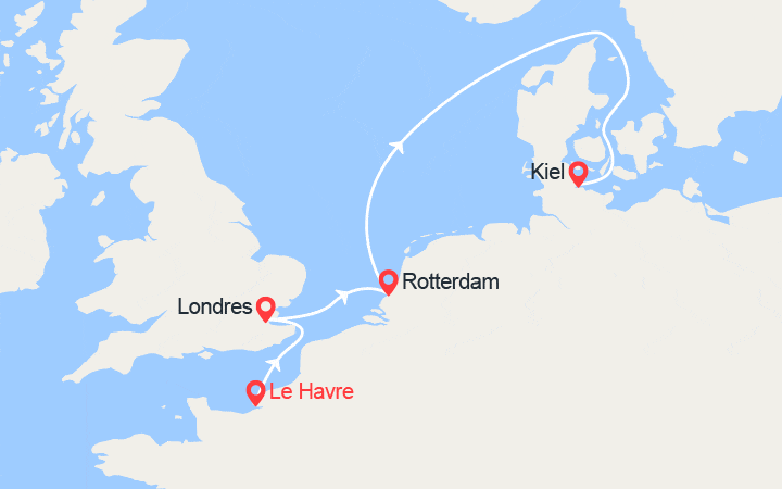Carte itinéraire croisière Du Havre à Kiel