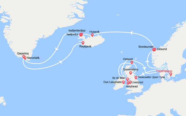 Carte itinéraire croisière Ecosse, Irlande, Liverpool, Norvège, Islande, Groenland
