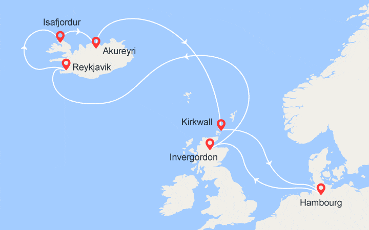 Carte itinéraire croisière Écosse, Islande