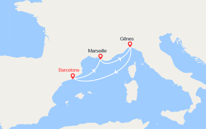 Carte itinéraire croisière Escapade en Méditerranée : Espagne, Provence, Italie