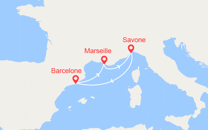 Carte itinéraire croisière Escapade en Méditerranée : Provence, Italie, Espagne