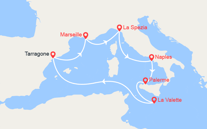 Carte itinéraire croisière Espagne, France, Italie, Malte