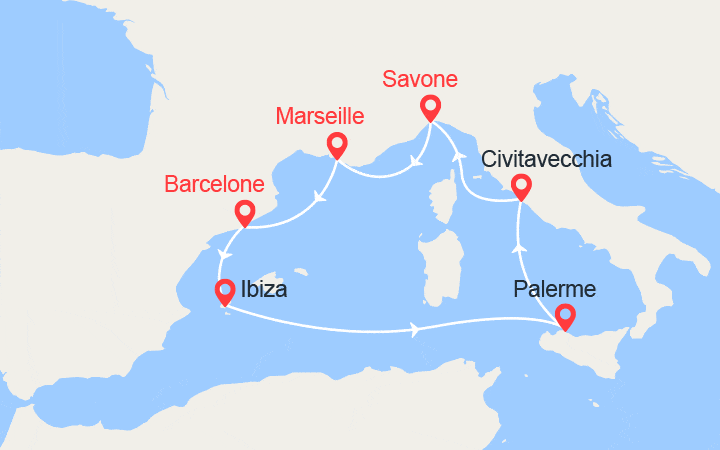 Carte itinéraire croisière Espagne, Ibiza, Italie