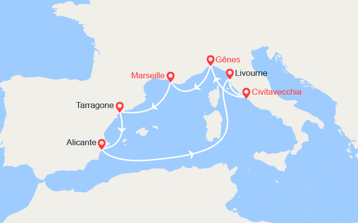 Carte itinéraire croisière Espagne, Italie