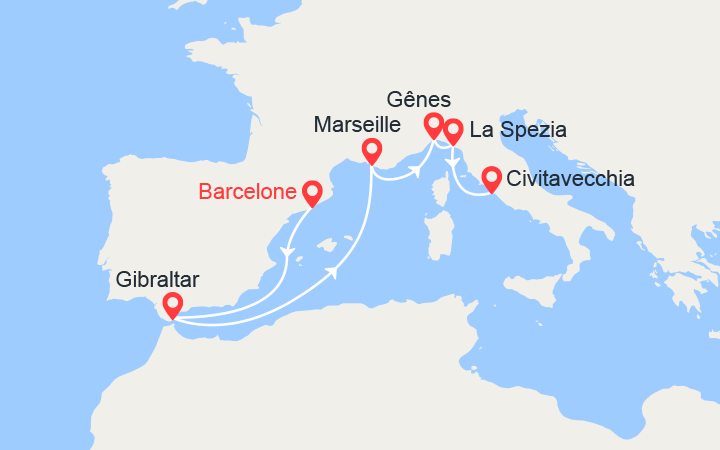 Carte itinéraire croisière Espagne, Italie, France