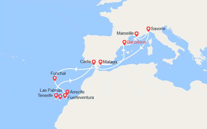 Carte itinéraire croisière Espagne, Italie, Maroc, Canaries, Madère