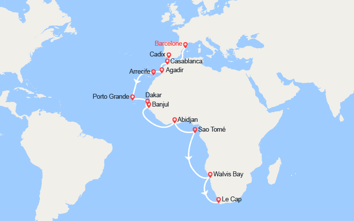 Carte itinéraire croisière Espagne, Maroc, Canaries, Afrique du Sud : de Barcelone au Cap