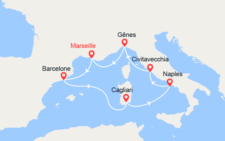 Carte itinéraire croisière Espagne, Sardaigne, Italie