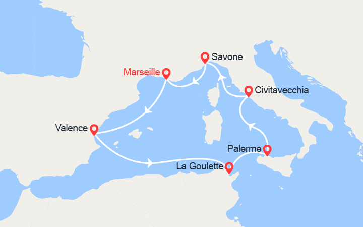 Carte itinéraire croisière Espagne, Tunisie, Sicile, Italie